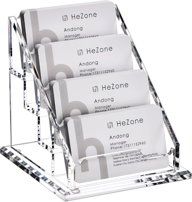 HeZone Acrylic Card Holder Clear Horizontal Business Card Organizer Stand for Desk 4 Slots 4 Tier Business Cards Stand for Women and Men,Office Desk Accessories,Organize 200 Cards-1 Pack(4Slots-H) - Image 1